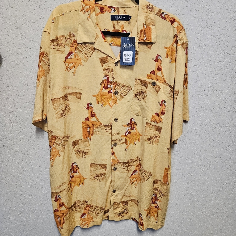 NWT Mens BOCA Classics 2X  Button Short Sleeve Santa Pin Up Girl Shirt (Read!)